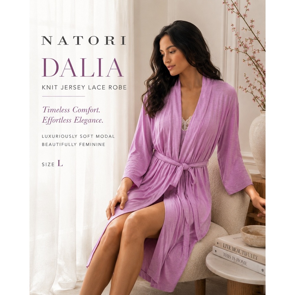 Natori Dahlia Knit Jersey Lace Robe Pink Modal Long Lounge Robe L